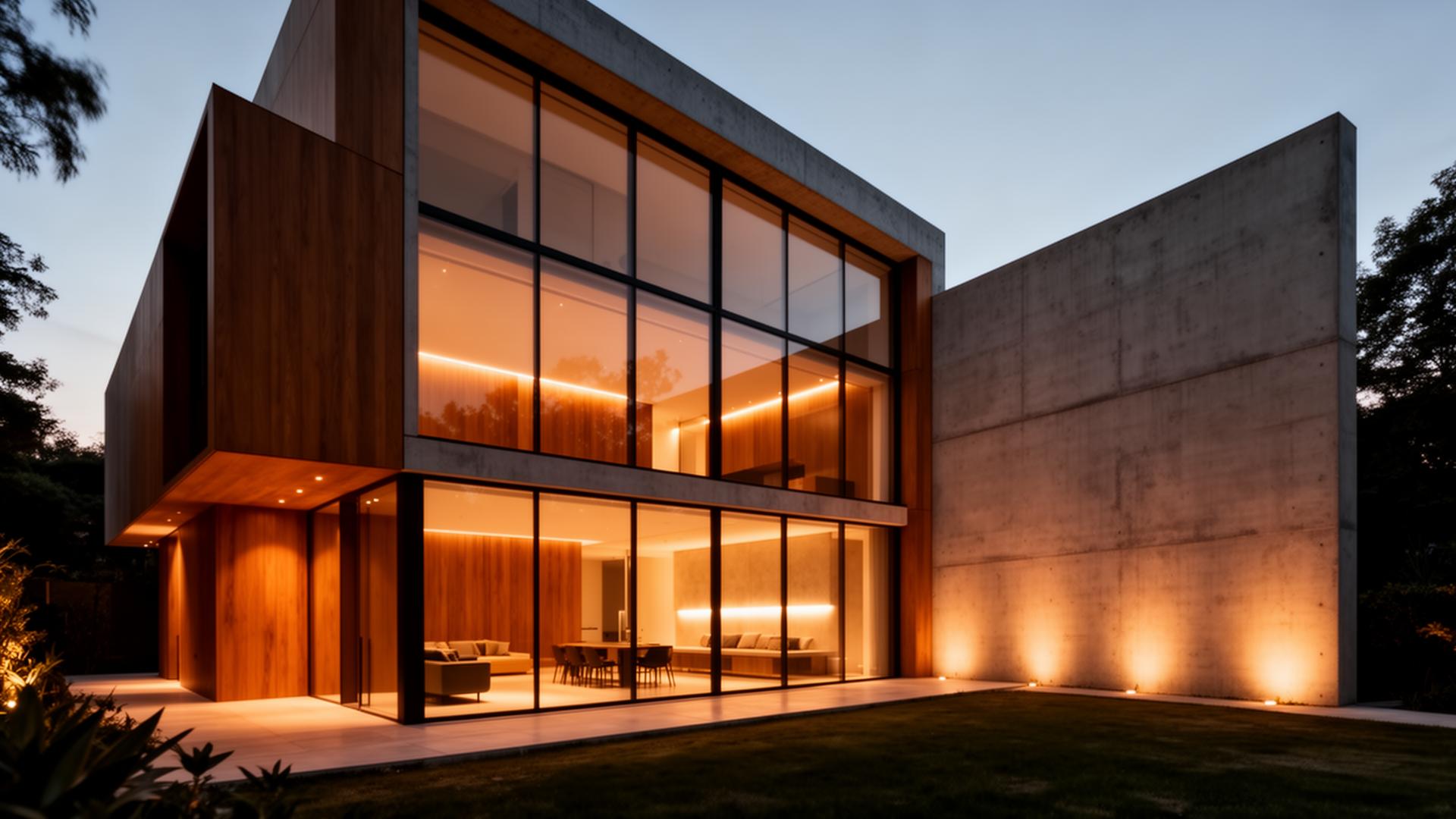 Residência contemporânea com fachada em concreto, madeira e vidro